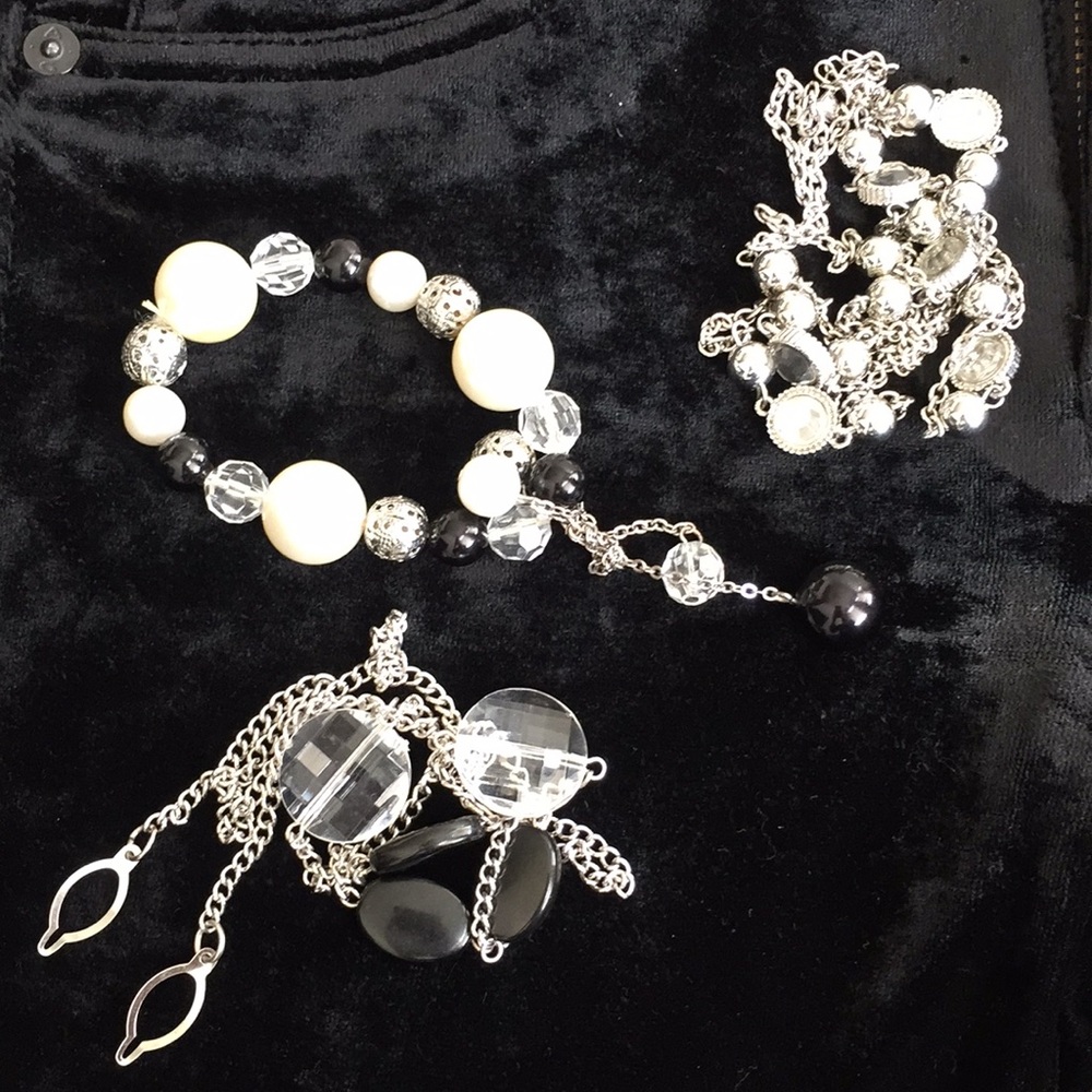 Black Silver Jewelry Set 2 Necklaces 1 Bracelet